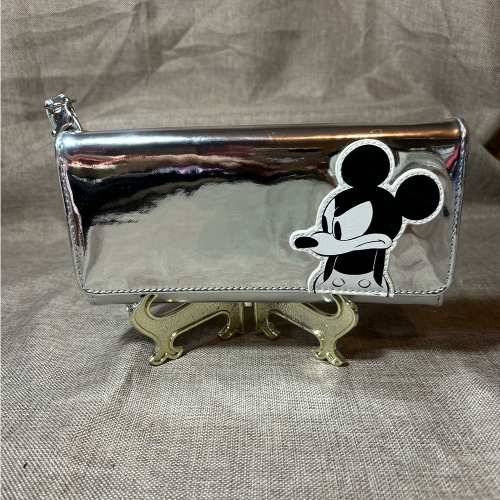 Disney Mickey Mouse Grayscale Metallic Silver Wallet Clutch Wristlet